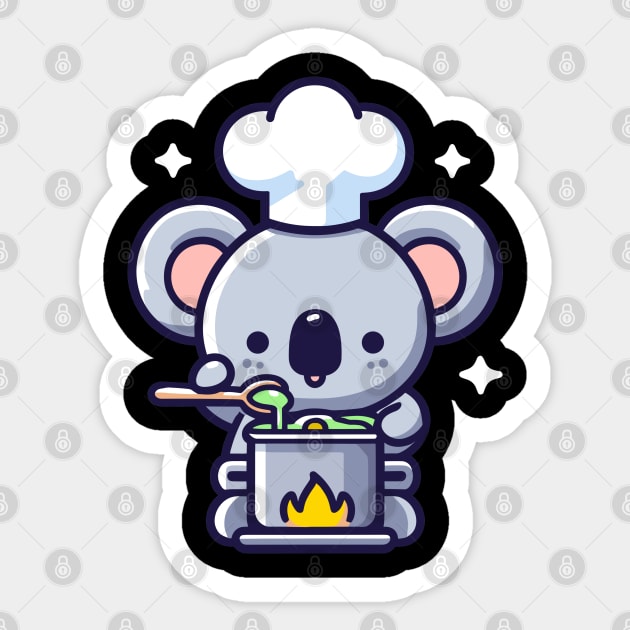 Cute koala chef with pot and spoon, kawaii style koala bear vector illustration, koala lover chef, cooking icon Sticker by Nora Liak